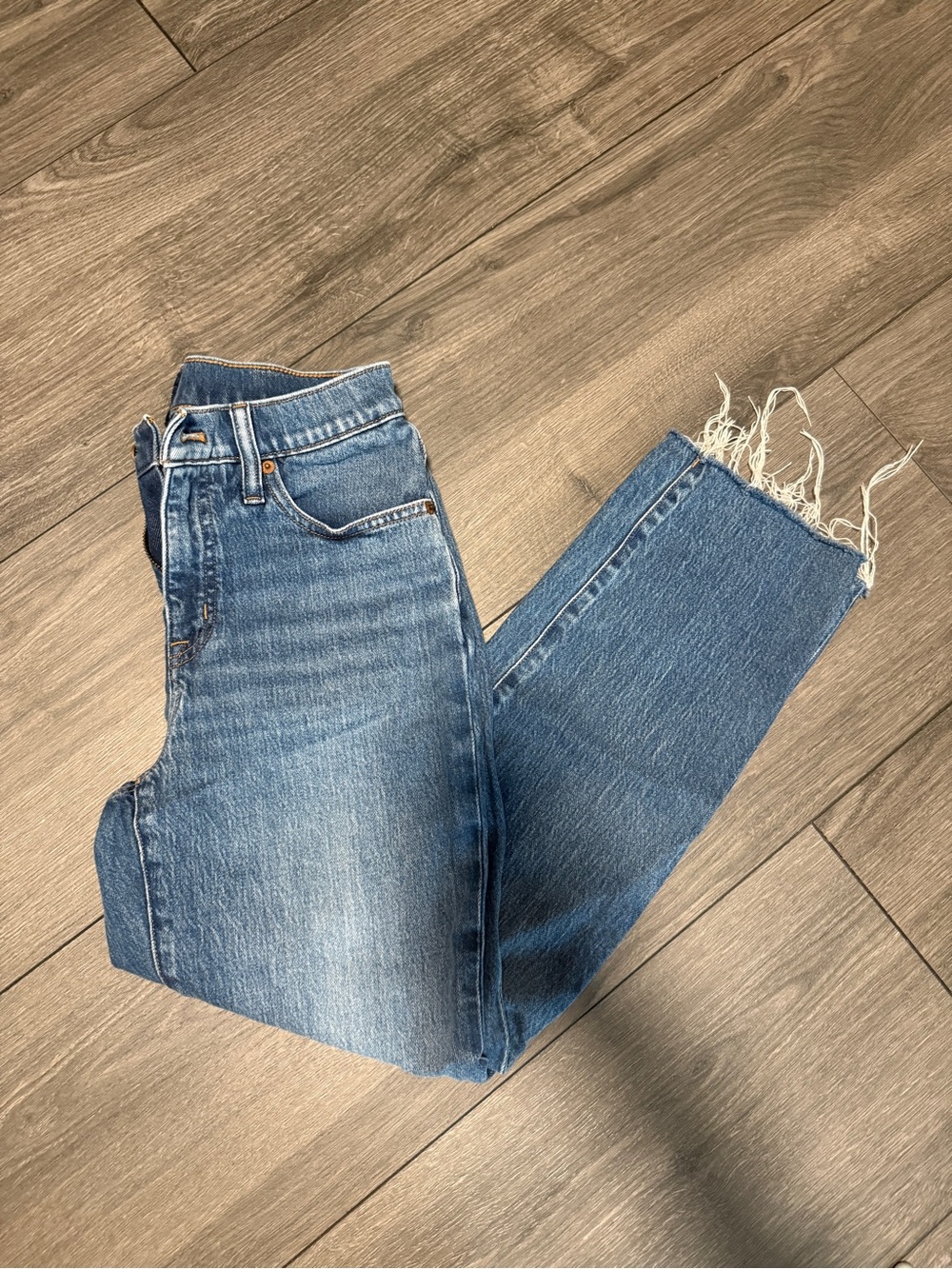 J. Crew Medium Blue Straight-Leg High-Rise Jeans with Frayed Hem